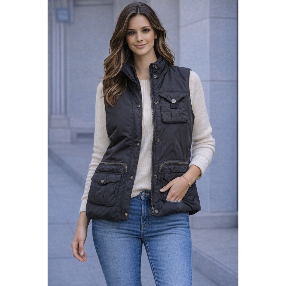 Lauren Ralph Lauren LRL Quilted Utility Vest Black Puffer Snap Zip Pockets